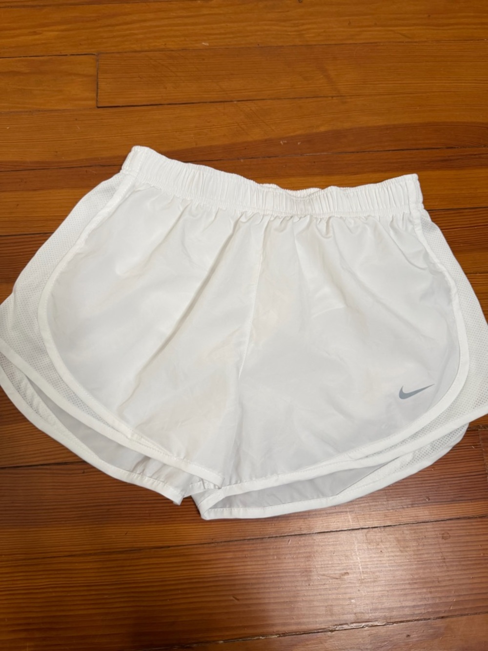 Nike Women's White Athletic Running Shorts with Grey Swoosh